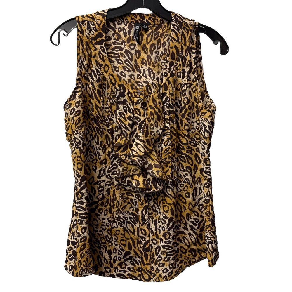 Milano Womens‎ Brown Black Leopard Ruffle Front Sleeveless Blouse Small